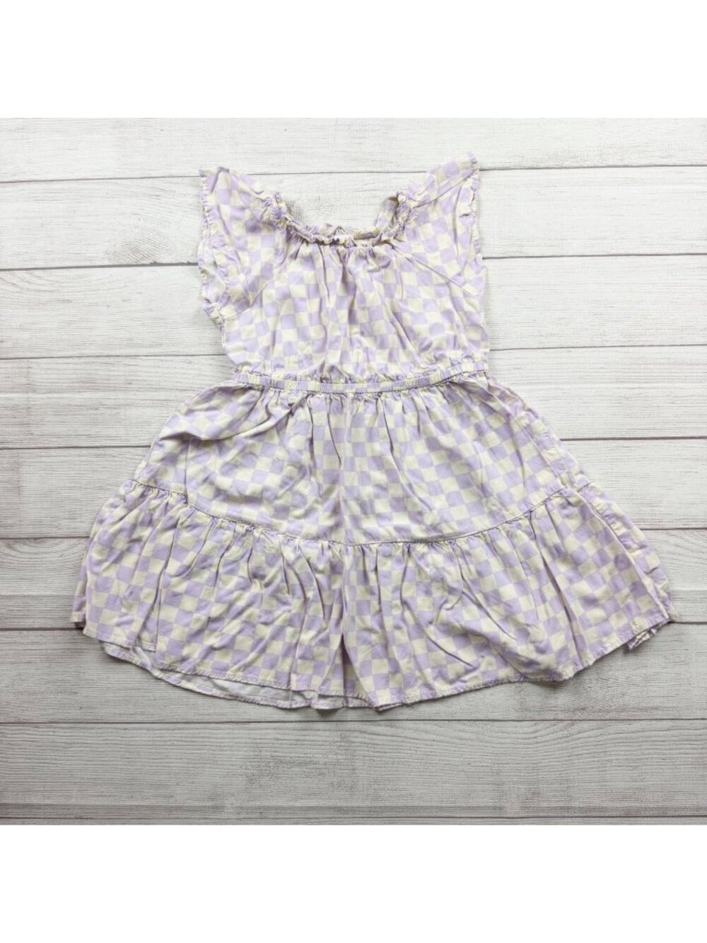 Cat & Jack Girls Plaid Ruffle Tiered Dress Pastel Lavender Cream Check M 7-8